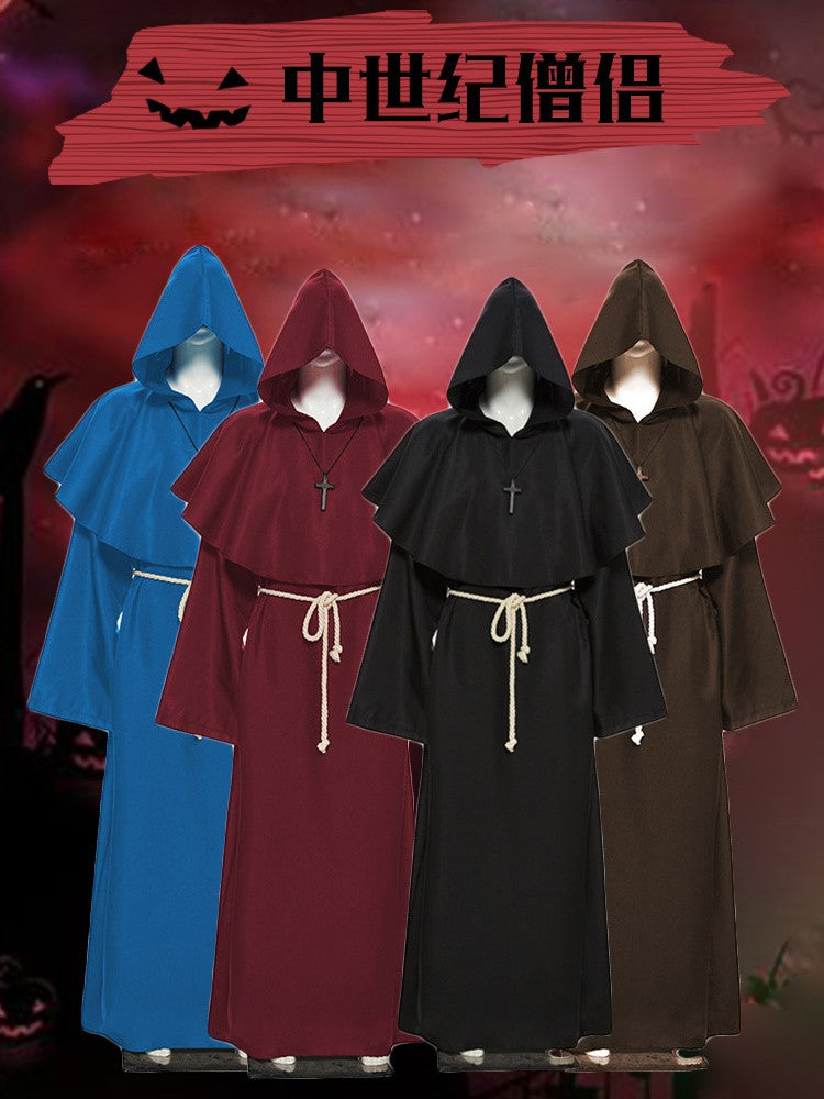 Medieval Monk Cosplay Wizard Hooded Robe Steampunk Priest Horror Cloak For Men Unisex Mask Hat Costume Halloween Masquerade Cape