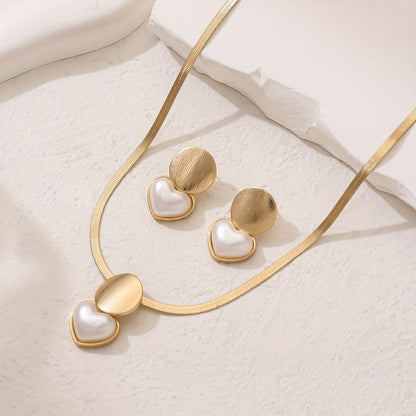 2pcs Set Minimalist Creative Gold Color Circular Heart-shaped Pendant Snake Bone Chain Necklace Earrings for Women Jewelry Sets