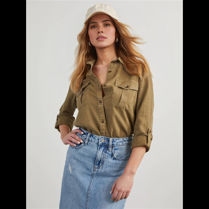 CGS-Women Double Pockets Spliced Decoration Denim Shirt Jacket Single-Breasted Lapel Casual Female Tops