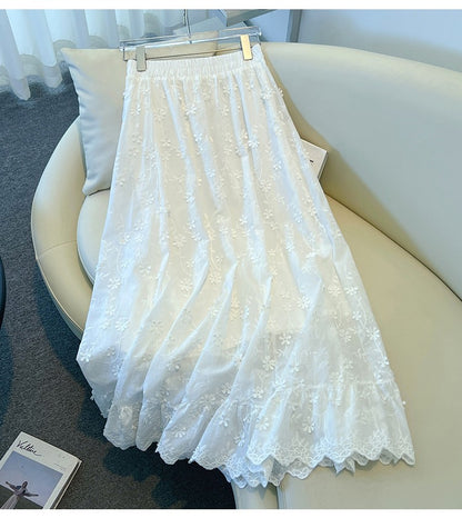 Casual sweet High Waist Chic floral lace Ruched loose Skirts Korean Fashion Office Lady Basics  Plus Size Clothing