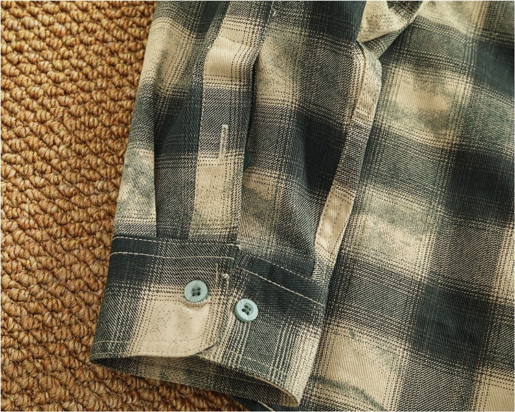 Autumn New Japanese Retro Long-Sleeve Lapel Plaid Cargo Shirt Men's Simple 100% Cotton Washed Pocket Casual Blouses Thin Coat