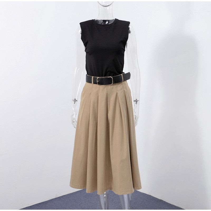Fashion Patchwork Pleated Long Dress With Belt Women Chic Sleeveless Tank Maxi M