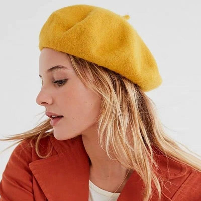 Boina de lã sintética quente de inverno feminina meninas artista francesa gorro chapéu vermelho preto roxo bege laranja Kawaii bonés de topo plano aquecedores