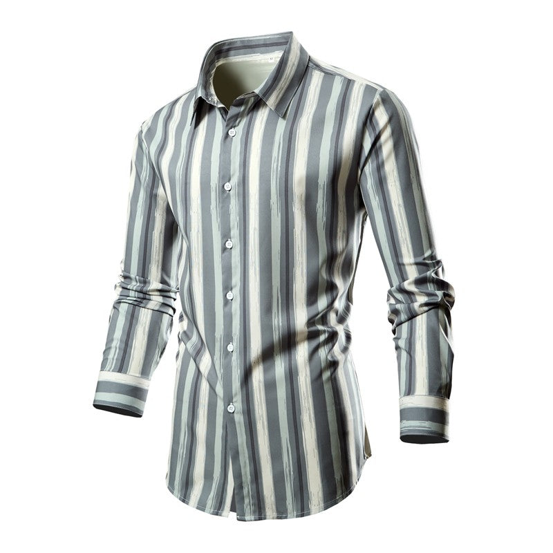Men's White Vertical Stripe Long Sleeve Shirts, Single Breasted Lapel Shirt, Blue Gray Red Khaki Available, European Size S-XXL