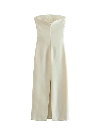 TRZA Women Fashion Strapless Gathered Midi Dress Sexy Straight Neck Back Slit Fe