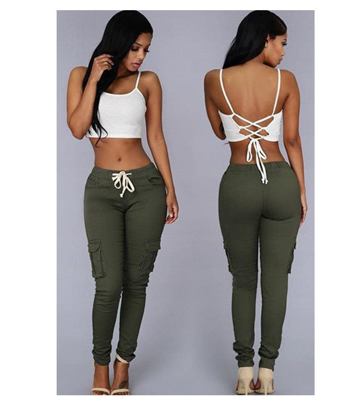 Women Slim Fit Pencil Pants Multi Pocket Drawstring Tie Waist Casual Trousers with Belt