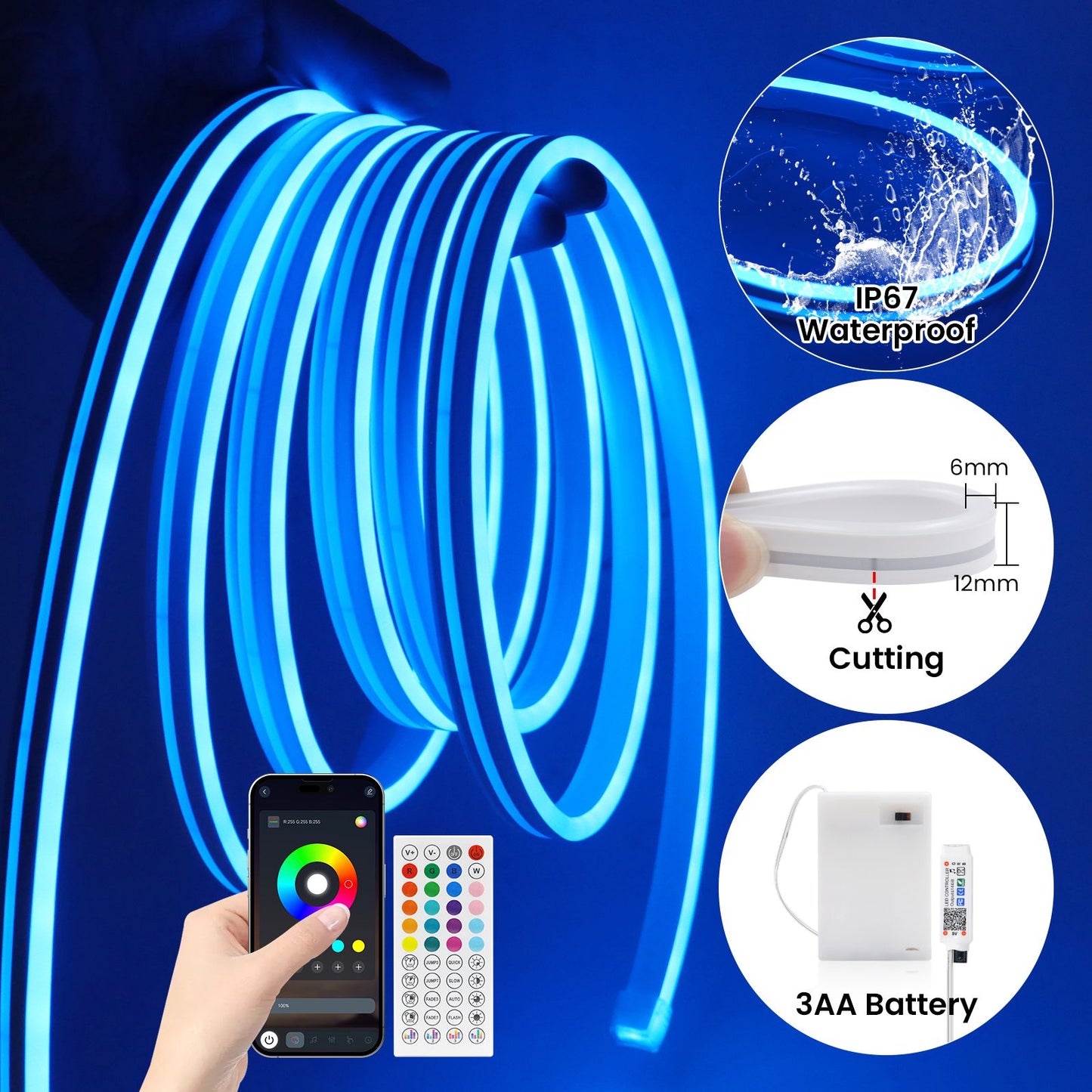 DC5V RGB LED Neon Light AA Battery Powered Bluetooth LED Strip SMD2835 IP65Waterproof Rating 108Leds/m With a remote control