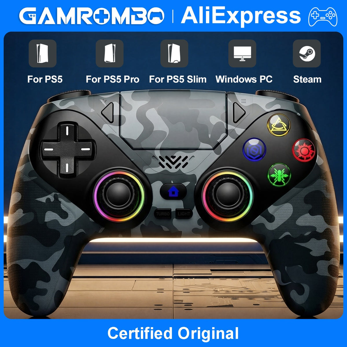 Gamepad For Playstation 5 PS5 Pro/Slim/PC,RGB Wireless Controller  6-Axis Gyro Dual Shock Turbo&Marco Programable Game Controle