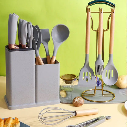 Conjunto de utensílios de cozinha de silicone, 19 peças com cabo de madeira, espátula, panela antiaderente e balde de armazenamento de facas multiuso integrado