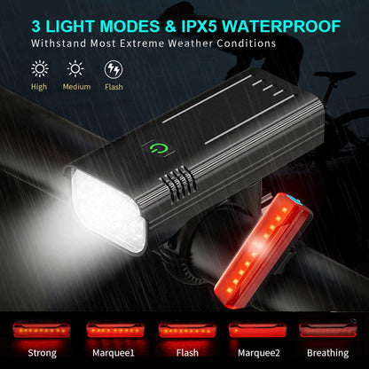 10000mAh 6-8 LED Bike Light USB Rechargeable 3600 Lumens Bike Headlight Super Bright Flashlight Front Lights and Back Rear light