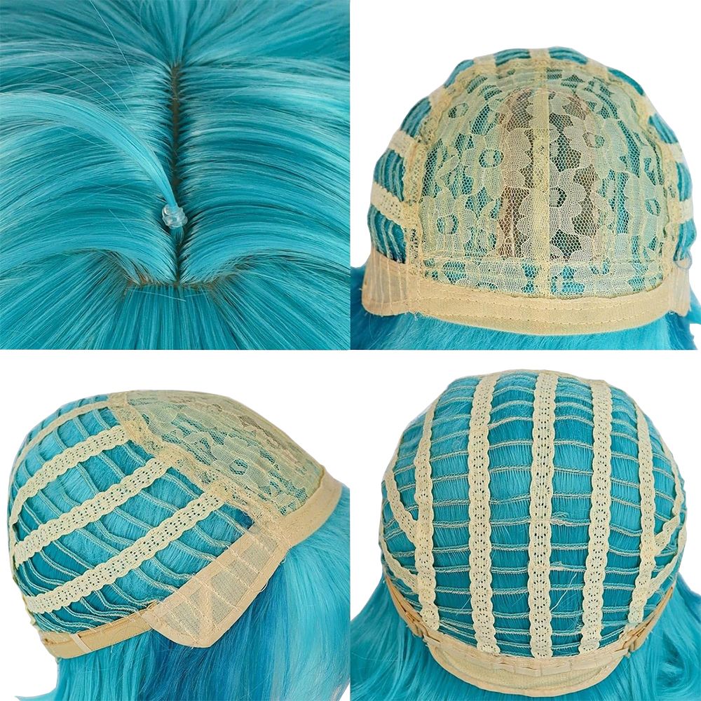 Cabelo Sintético Cosplay de 28 Polegadas com Franja, Cor Gradiente Azul-Ciano Miku, Rabo de Cavalo Cacheado na Ponta, Peruca para Festa de Halloween