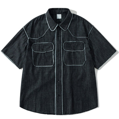 Vintage Raw Edge Denim Shirts Mens Streetwear Harajuku Short Sleeve Shirt Men Loose Casual Cargo Blouse Japan Style Tops Male