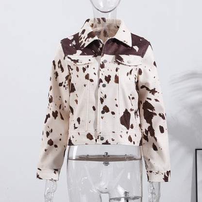 Fashion Women's Cow Print Jacket Lapel Collar Short Length Zipper Button Coats 2025 Autumn Winter Female Trendy Warm Outerwear