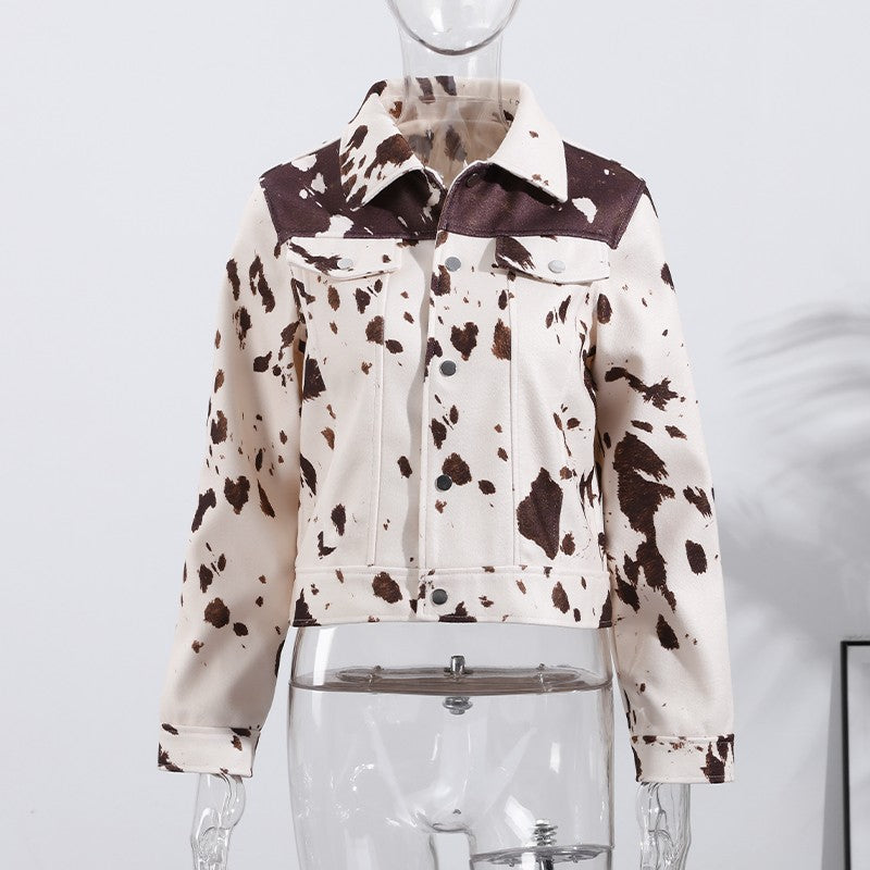 Fashion Women's Cow Print Jacket Lapel Collar Short Length Zipper Button Coats 2025 Autumn Winter Female Trendy Warm Outerwear