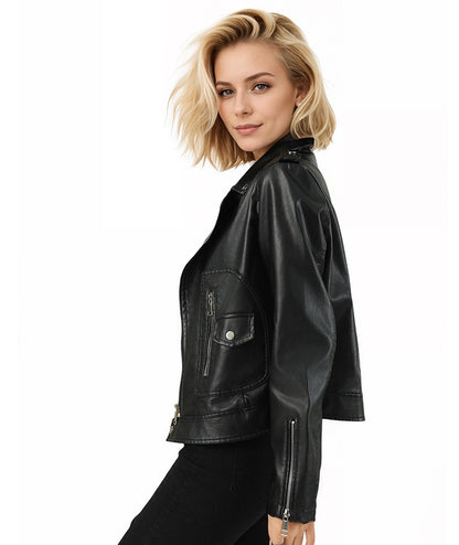 Women's Short-Length Black Leather Jacket for Fall, Fashionable Casual PU Jackets, Sizes: S M L XL.