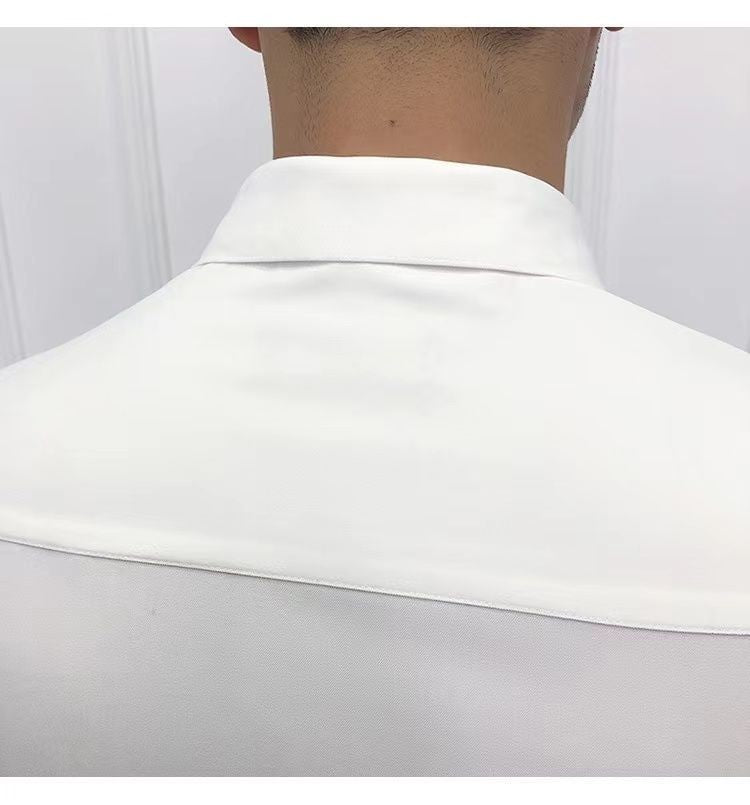 Korean Fashion Trend Casual Elastic Design Sense Short Sleeve Shirt Men's Solid Lapel Collar Button Breathable Simple Slim Tops