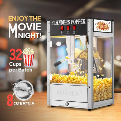 Máquina de pipoca comercial com chaleira de 8 onças, produz até 32 xícaras de pipoca fresca, ideal para cinemas residenciais e en