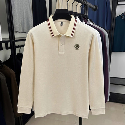 100Cotton Luxury Quality Men's Polo Shirt Striped Collar Breathable V-Print Long Sleeve Autumn Lapel T-Shirt Business Menswear