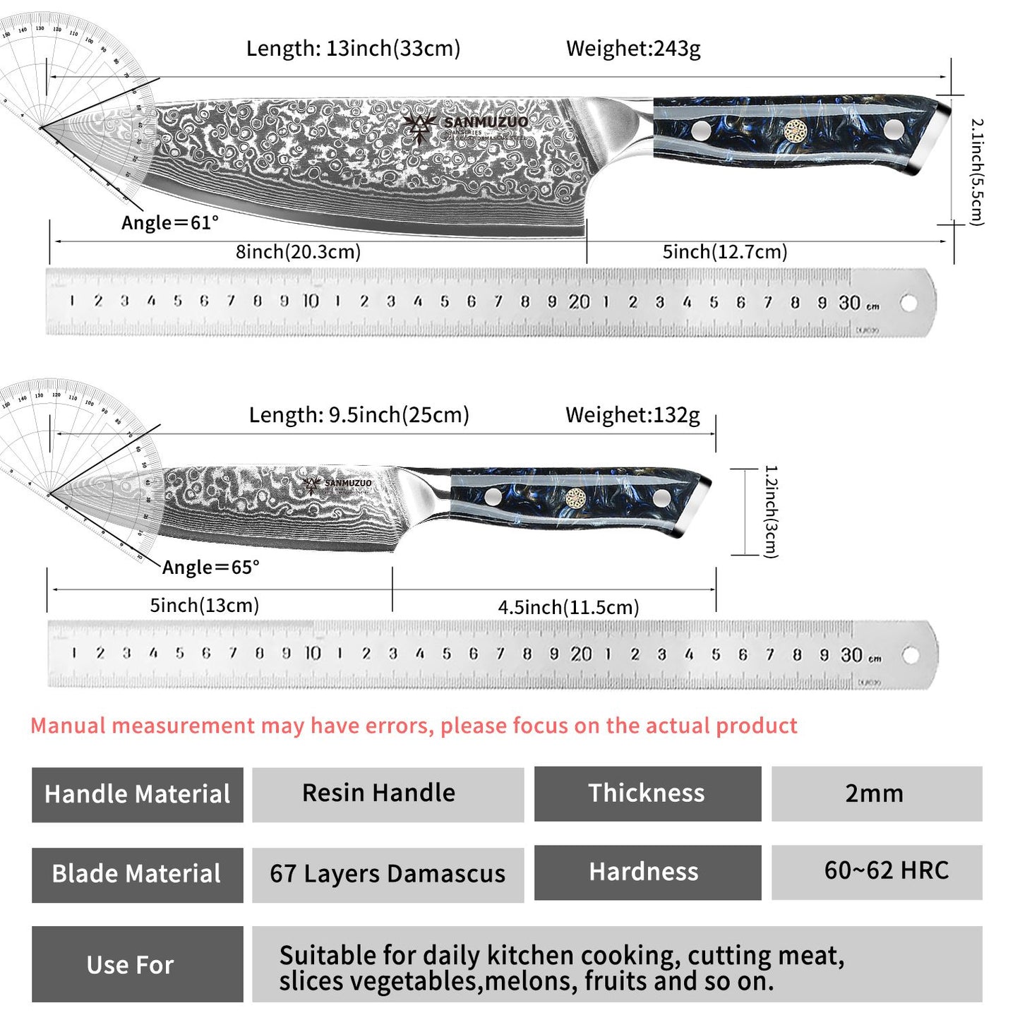 SANMUZUO Conjunto de Facas de Cozinha 2 Peças - Série Xuan Faca de Chef e Faca Utilitária de Aço Damasco Ultra Afiadas - Cabo de Resina para Culinária Diária