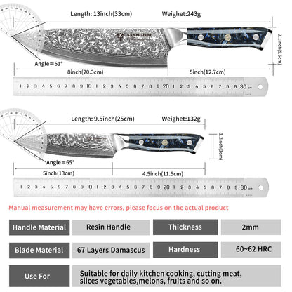 SANMUZUO Conjunto de Facas de Cozinha 2 Peças - Série Xuan Faca de Chef e Faca Utilitária de Aço Damasco Ultra Afiadas - Cabo de Resina para Culinária Diária