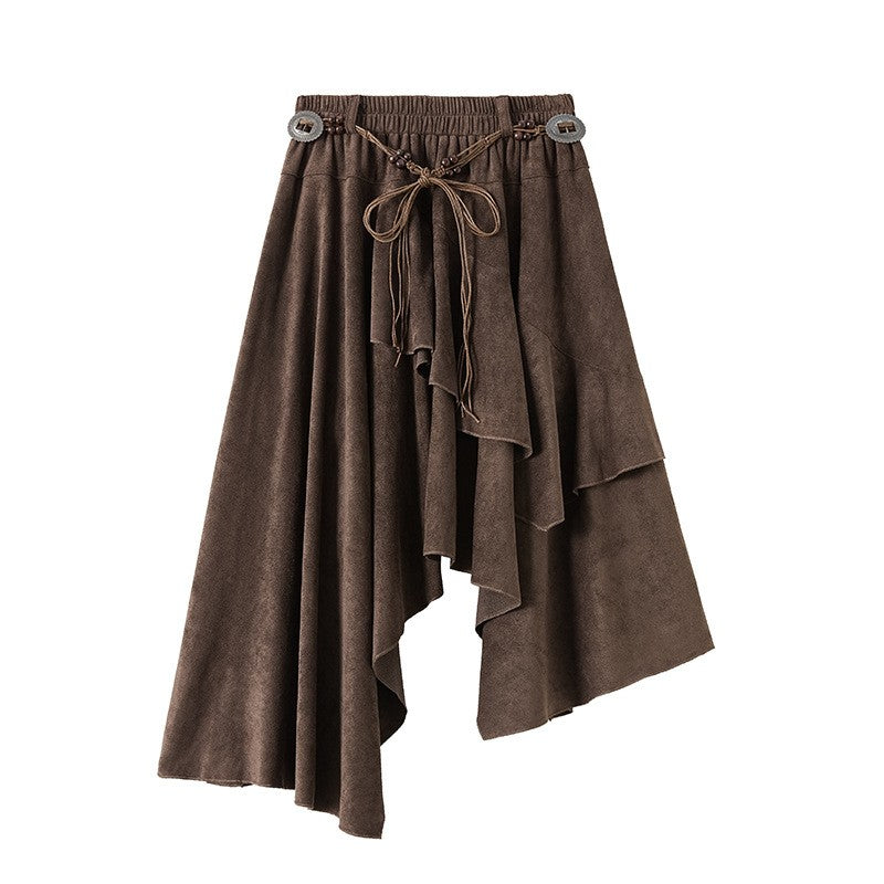 Caramel Suede Half-length Skirt Women's Autumn Winter New Irregular Belt Slim A- Line Midi Umbrella Skirt Comfortable Casual S .