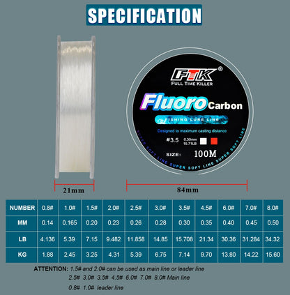 Linha de pesca FTK 100m 4.13-34.32LB Fluorcarbono Linha de Pesca de Iscas de Fibra de Carbono Leader Linha de Pesca com Mosca Linha Super Macia Pesca