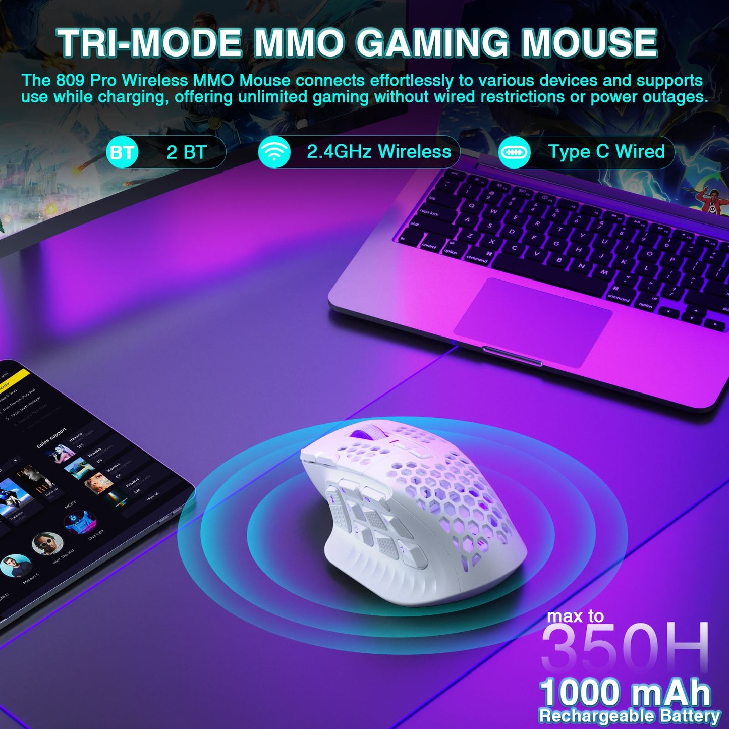 Mouse Gamer Sem Fio SOLAKAKA SM809 Pro MMO PAW3311 16 Botões Laterais 24000 DPI RGB Colmeia Macro Programável Mouse sem fio
