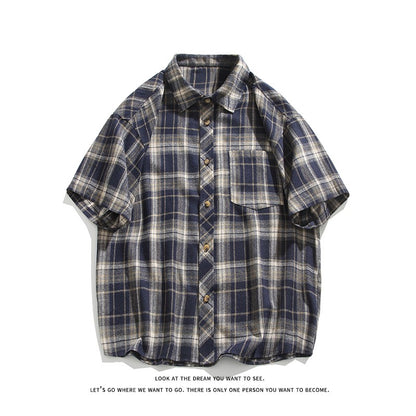2025 Mens Cotton Plaid Style Cargo Shirts Casual Dress Short Sleeve Work Streetwear Blouses M-5XL
