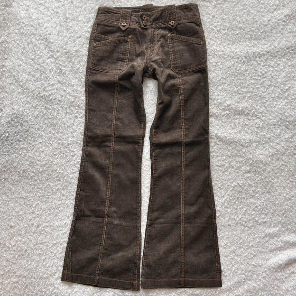 Y2K Brown Flared Jeans Womens Clothing Goth Retro Multi Pockets Low Rise Denim Trousers Harajuku Hot Girl Sexy Slim Jean Pants