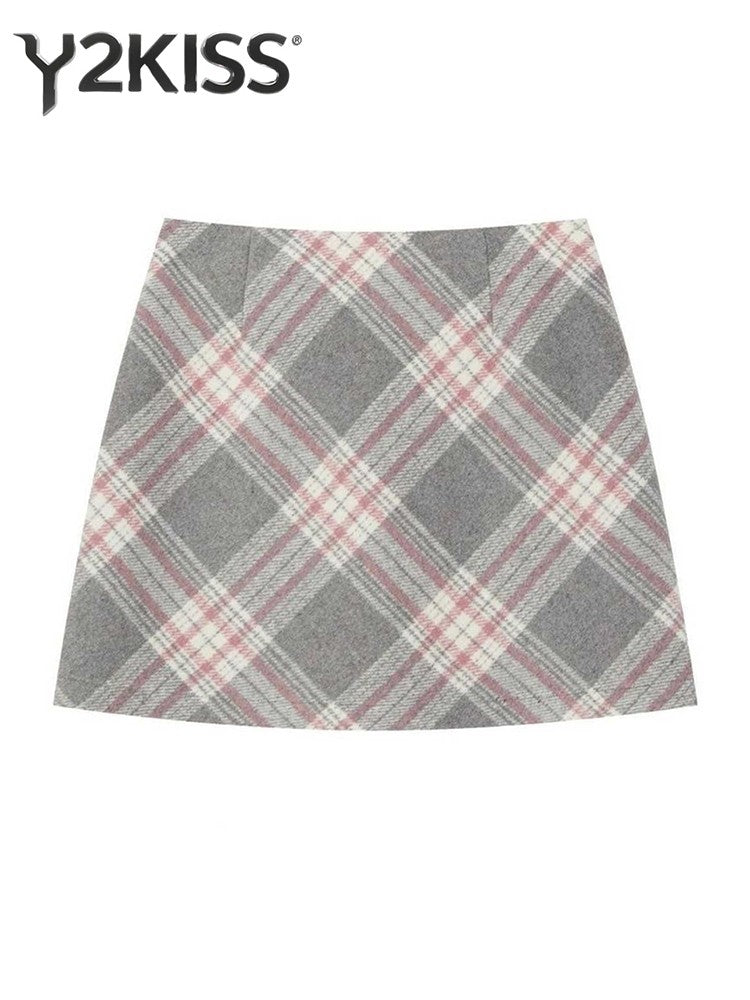 Winter Women's Mini Plaid Woolen Skirt A-line Korean 2000s Aesthetic High Waist Shoujo Kpop College Style Y2k Preppy Skirt New