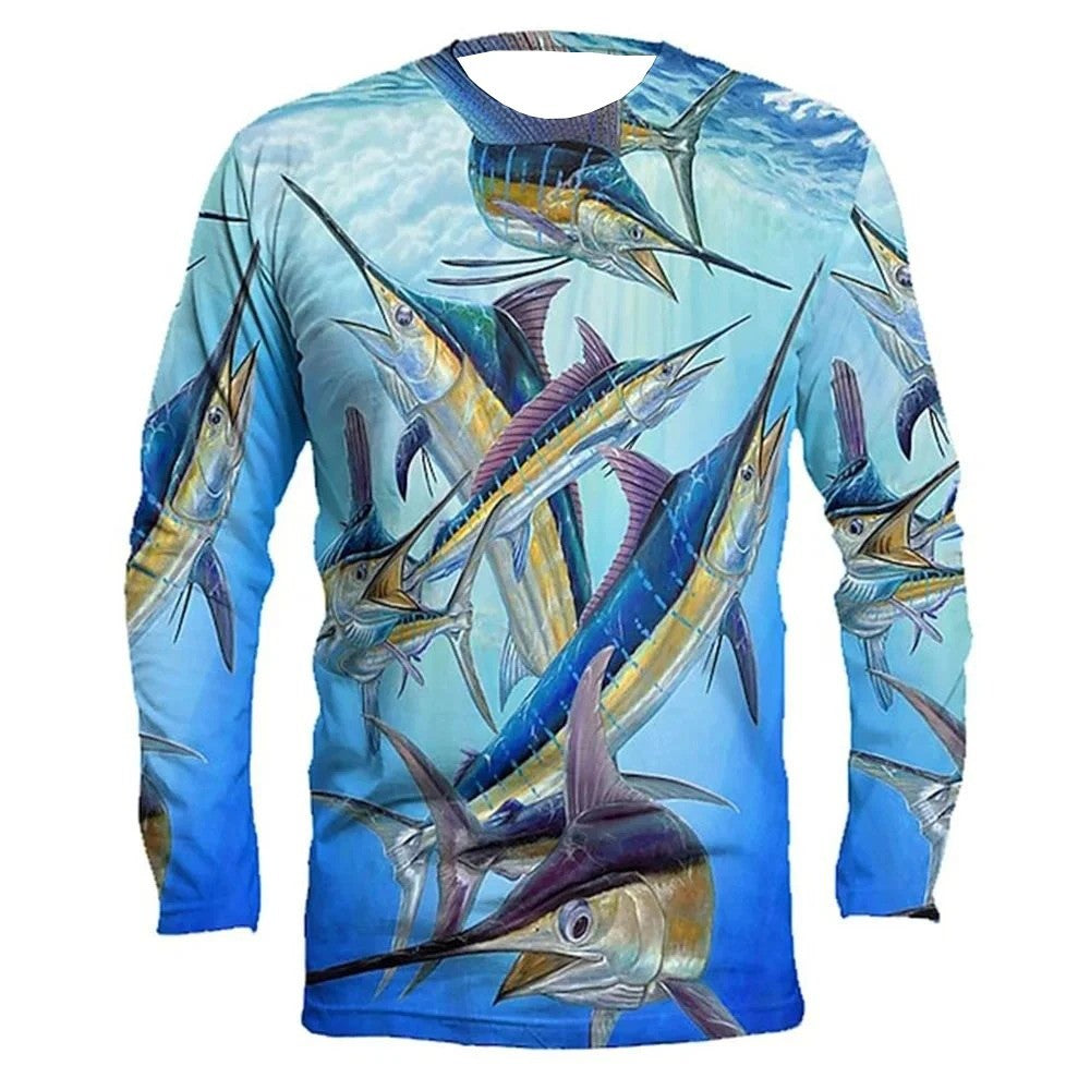 Camiseta Masculina de Pesca Manga Longa Estampada em 3D - Gola Redonda Retrô Casual, Ideal para Lazer de Outono e Atividades ao Ar Livre