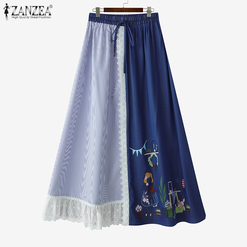 ZANZEA Plus Size Women Skirts Denin-Like Striped Patchwork Lace Trim Detail Lace-Up Elastic Waist A-Line Midi Skirt Casual Chic