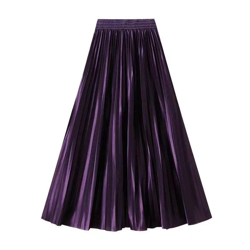 High Waist Satin Pleated Skirt 1 Meter Long Floor Length Pearl Glitter A- Line Umbrella Half Body Skirts Polyester Fiber