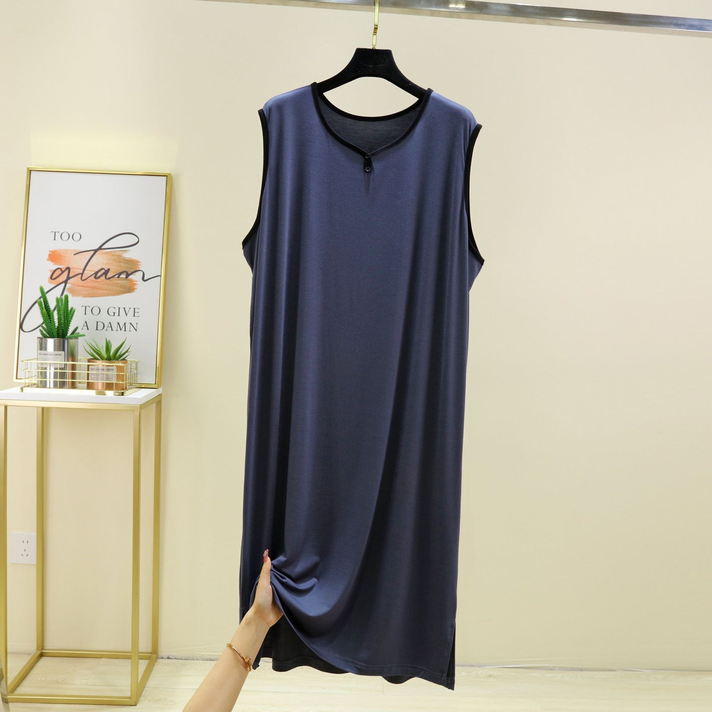 Modal Cotton Men Plus Size Pajamas Night Gown for Summer Solid Color Thin Sleeveless Medium Long Loose Button Vest Style Dress