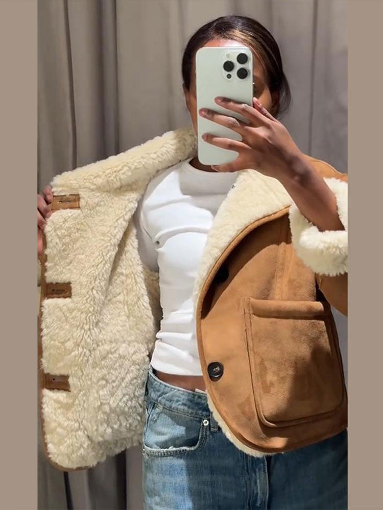 Suede Plush Both Sides Women's Coat Jacket Single Breasted Stand-Up Collar Pockets Female Jackets Autumn Loose Solid Coat Ladies