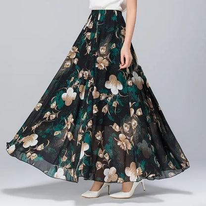 Chiffon Floral Maxi Summer Skirt Women Long High Waist Holiday Dance Skirt Elegant Beach Boho Hot Sale Lady Vintage Girl Fairy