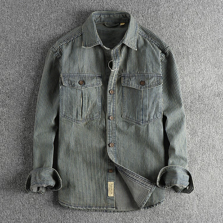 Yarn-dyed striped fabric washed to make old vintage cargo denim shirt for men European and American fashion casual shirt coat