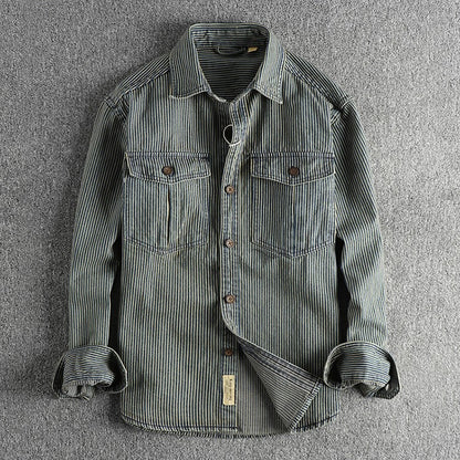 Yarn-dyed striped fabric washed to make old vintage cargo denim shirt for men European and American fashion casual shirt coat