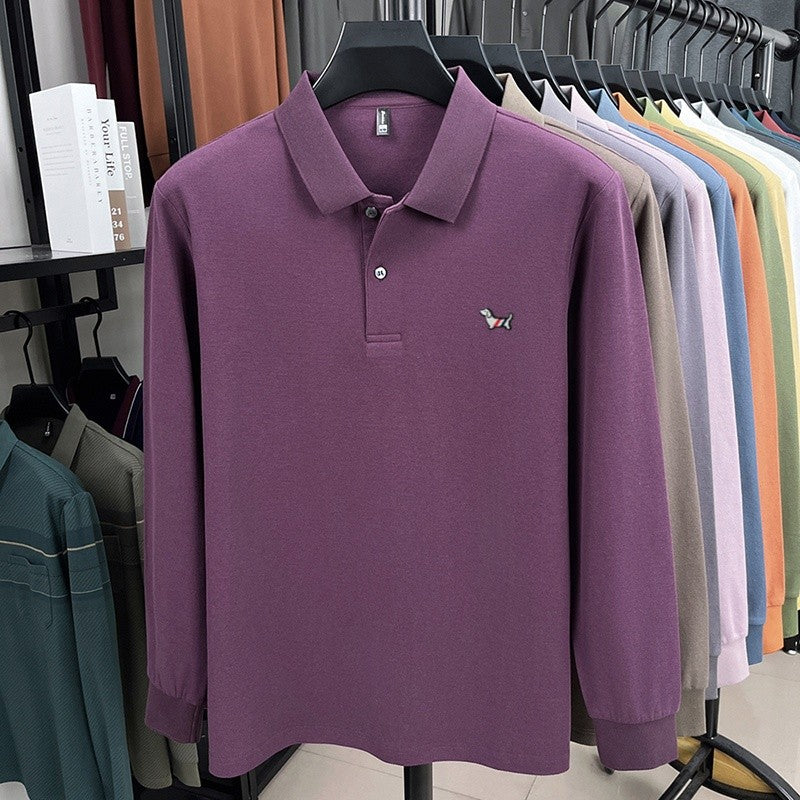 100% pure cotton spring and autumn fashionable men's collar striped long sleeved polo shirt with micro seal dog embossed design