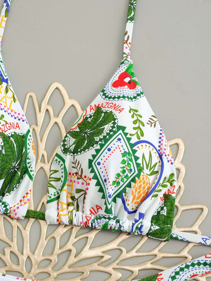 Sexy Cherry Print Triangle Brazilian Bikini Push Up Swimsuit 2 Piece String Bandage Bikinis Swimwear Women Thong Bathing Suit