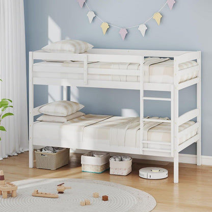 Bunk Bed Twin Over Twin, Solid Wood Detachable Bed Frame with High Guardrails & Integrated Ladder, Wooden Slatted B