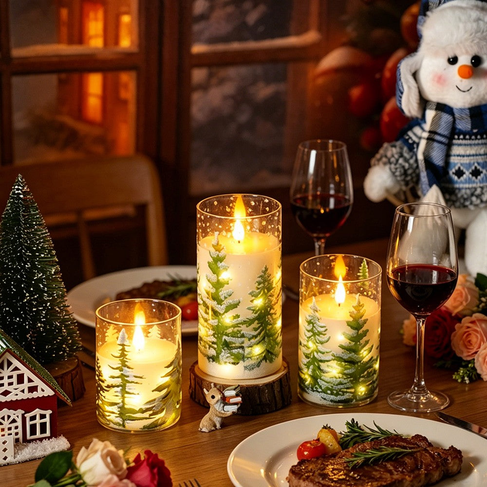 3in Glass Paraffin Built In String Light Print LED Flameless Candle 2AA Battery Remote Control Christmas Candle Decor Lighting