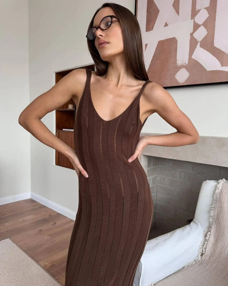 Trendix Knit Backless Dress For Women V Neck Slim Sleeveless Suspender Maxi Dres