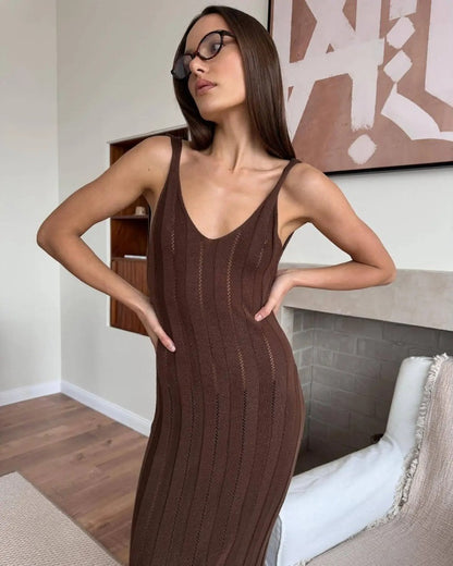 Trendix Knit Backless Dress For Women V Neck Slim Sleeveless Suspender Maxi Dres