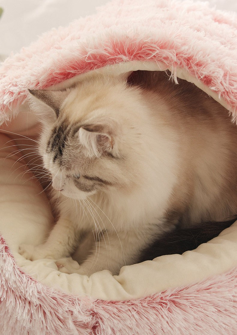 Cama para pets de pelúcia macia outono e inverno e cama para pets inverno quente e frio ninho edredom de pelúcia ninho de gato concha ninho de gato semi-fechado
