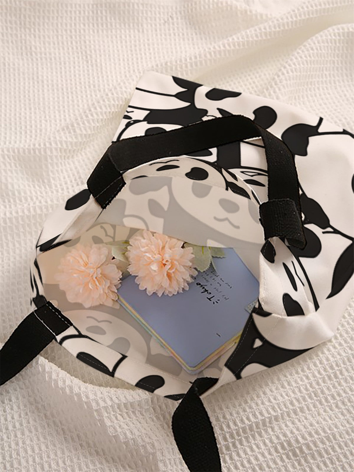 Panda pattern printed casual handbag, reusable fashionable backpack, multifunctional handbag, canvas shopping bag