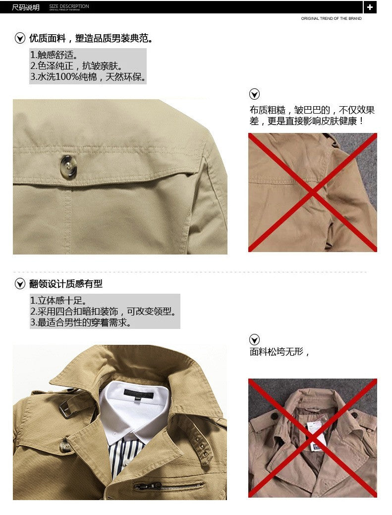 Men's Spring and Autumn New Fashion Casual Cotton Trench Coat, Solid Color Lapel Single-breasted Mid-long Splicing Trench Coat