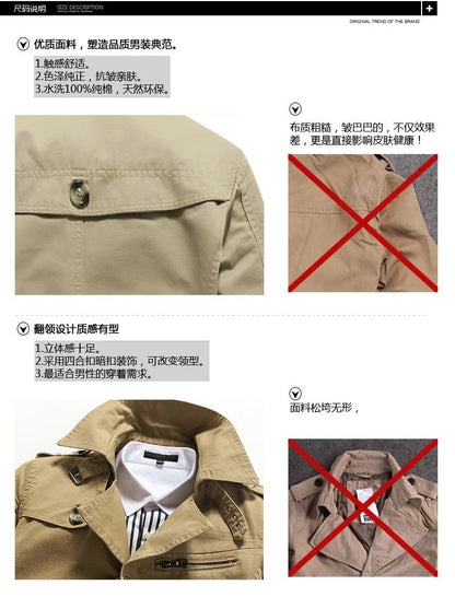 Men's Spring and Autumn New Fashion Casual Cotton Trench Coat, Solid Color Lapel Single-breasted Mid-long Splicing Trench Coat