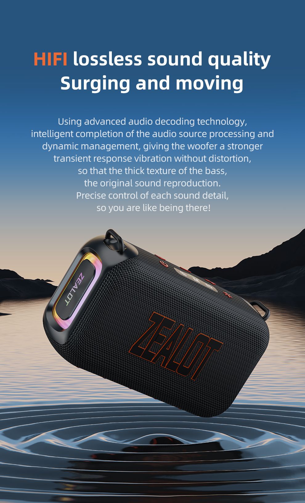 Caixa de som Bluetooth portátil 3D Zealot-S85 50W com diafragma duplo e alça à prova d'água IPX6 para ambientes externos
