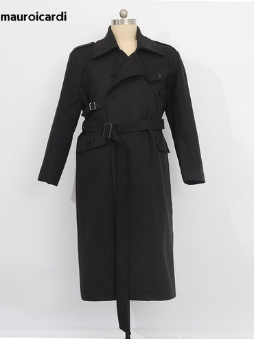 Mauroicardi Autumn Winter Cool Elegant Long Warm Black Woolen Trench Coat Men Belt Luxury Designer Clothes Wool Blends Overcoat